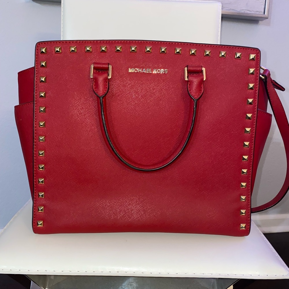 Michael Kors XL Red and Gold Selma Stud Satchel